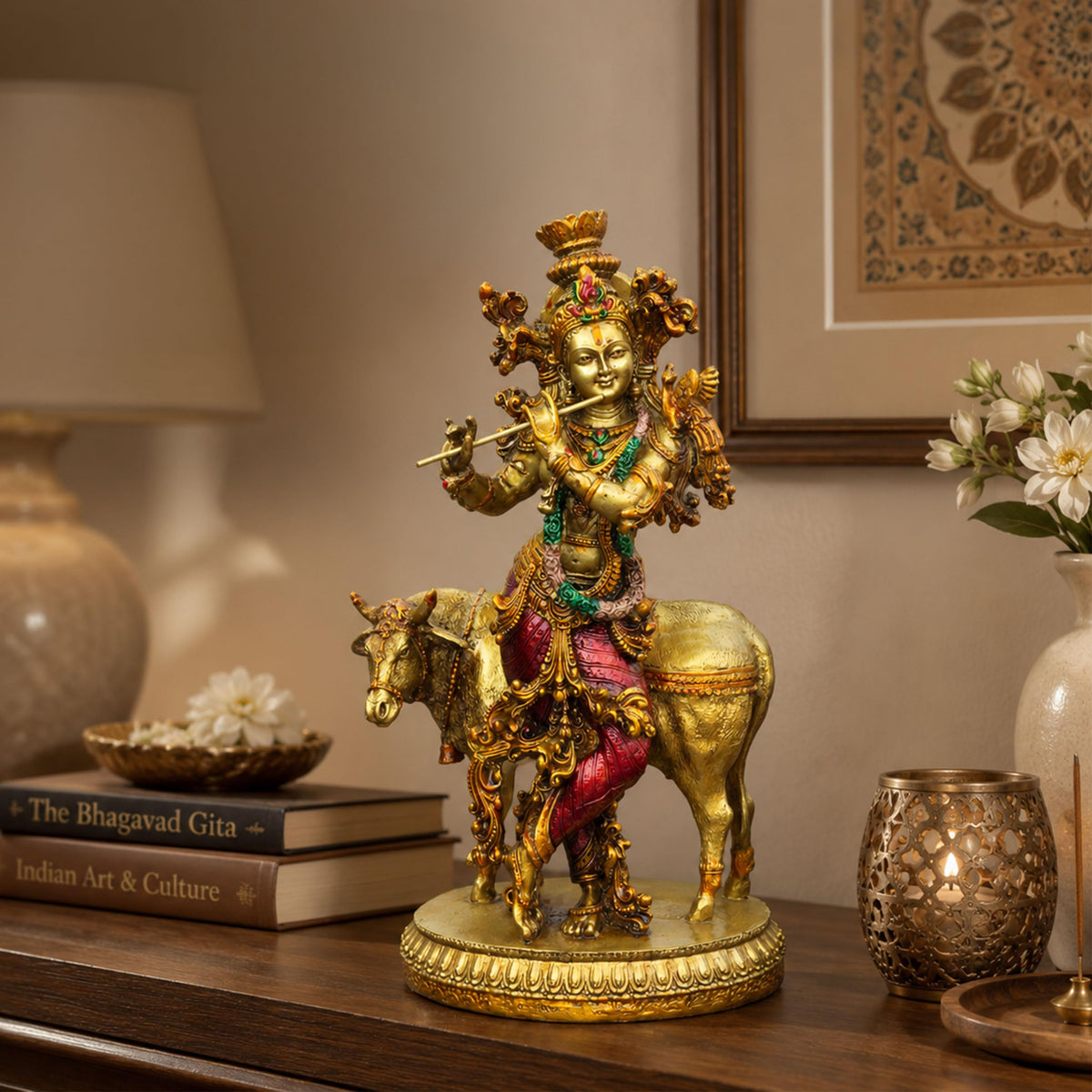 Govinda Gopala Statue, Lord Krishna and Cow Idol Showpiece, 10 Inch Double Coated Resin Antique Decorative Murti for Home Temple, Pooja Room & Gift