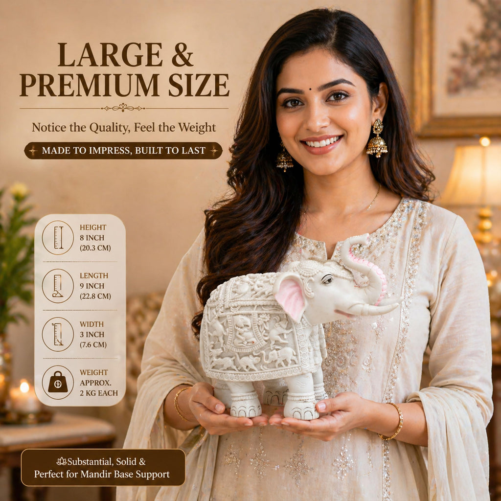Heavy White Elephant Pair for Mandir Base & Home Temple Decor | 8x9 inch Solid Marble Dust Resin Elephant Statues for
