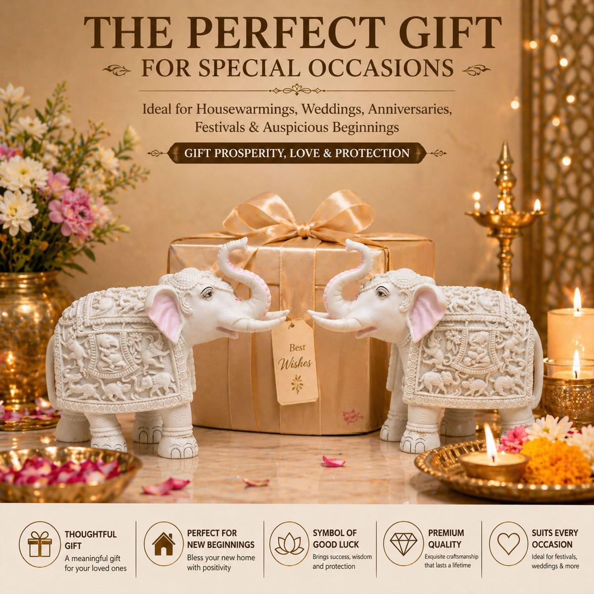 Heavy White Elephant Pair for Mandir Base & Home Temple Decor | 8x9 inch Solid Marble Dust Resin Elephant Statues for