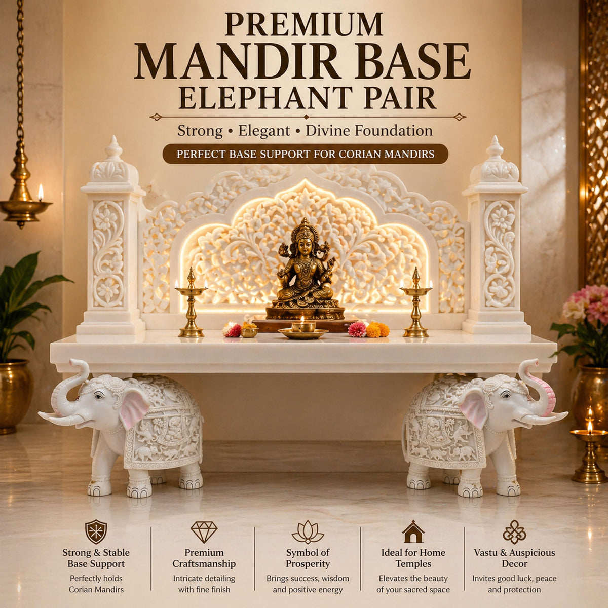 Heavy White Elephant Pair for Mandir Base & Home Temple Decor | 8x9 inch Solid Marble Dust Resin Elephant Statues for