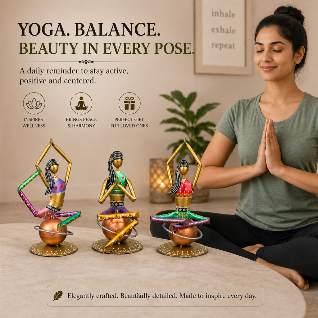 Set of 3 Yoga Lady Figurines – Handmade Iron Metal Showpieces for Home, Living Room, Office & Meditation Decor
