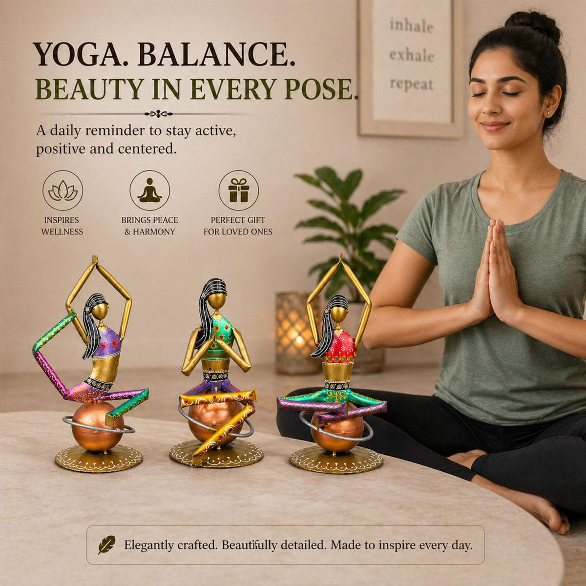 Set of 3 Yoga Lady Figurines – Handmade Iron Metal Showpieces for Home, Living Room, Office & Meditation Decor