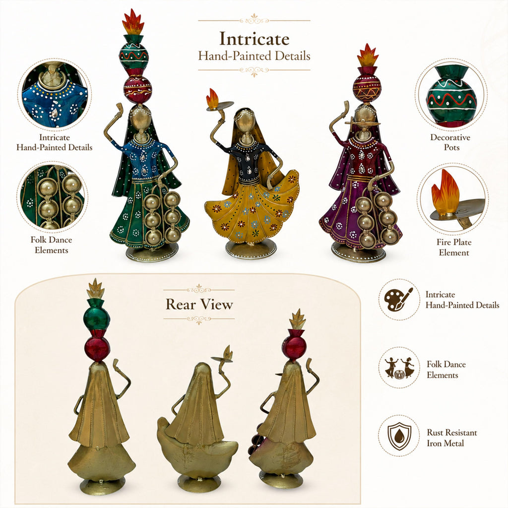 Terah Taali Dance Doll Showpiece Set of 3 for Home Decor | 13 Inch Iron Metal Rajasthani Folk Dancer Figurines | Hand