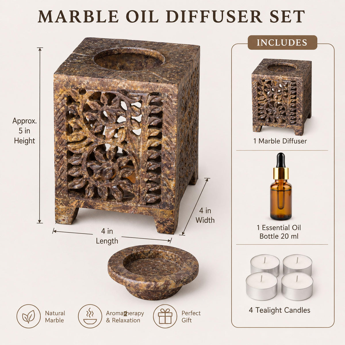 Marble Tealight Diffuser for Home Spa Office | 20 ml Oil & 4 Candles