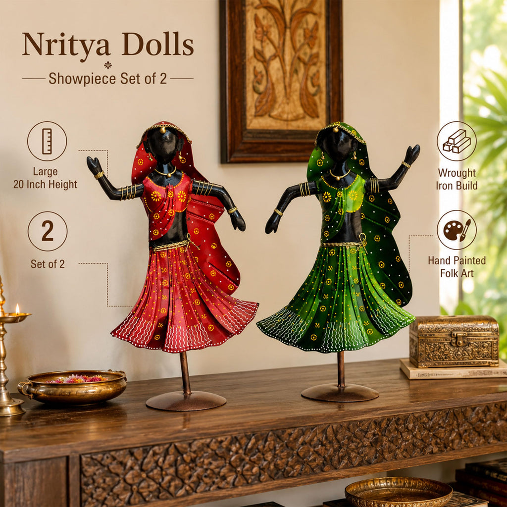 Nritya Dolls Showpiece Set of 2 for Home Decor | Large 20 Inch Wrought Iron Folk Dancer Figurines | Hand Painted Metal