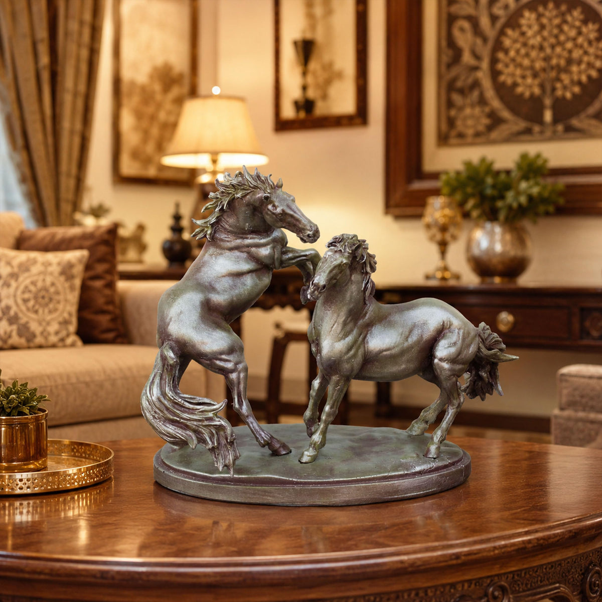 Bronze Finish Horse Pair Showpiece | Two Running Horses Figurine for Home Decor