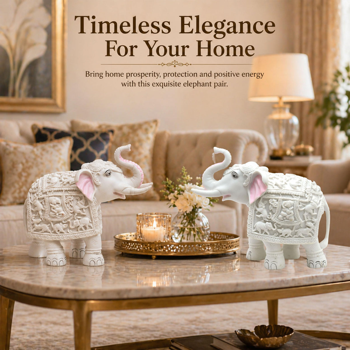 Heavy White Elephant Pair for Mandir Base & Home Temple Decor | 8x9 inch Solid Marble Dust Resin Elephant Statues for