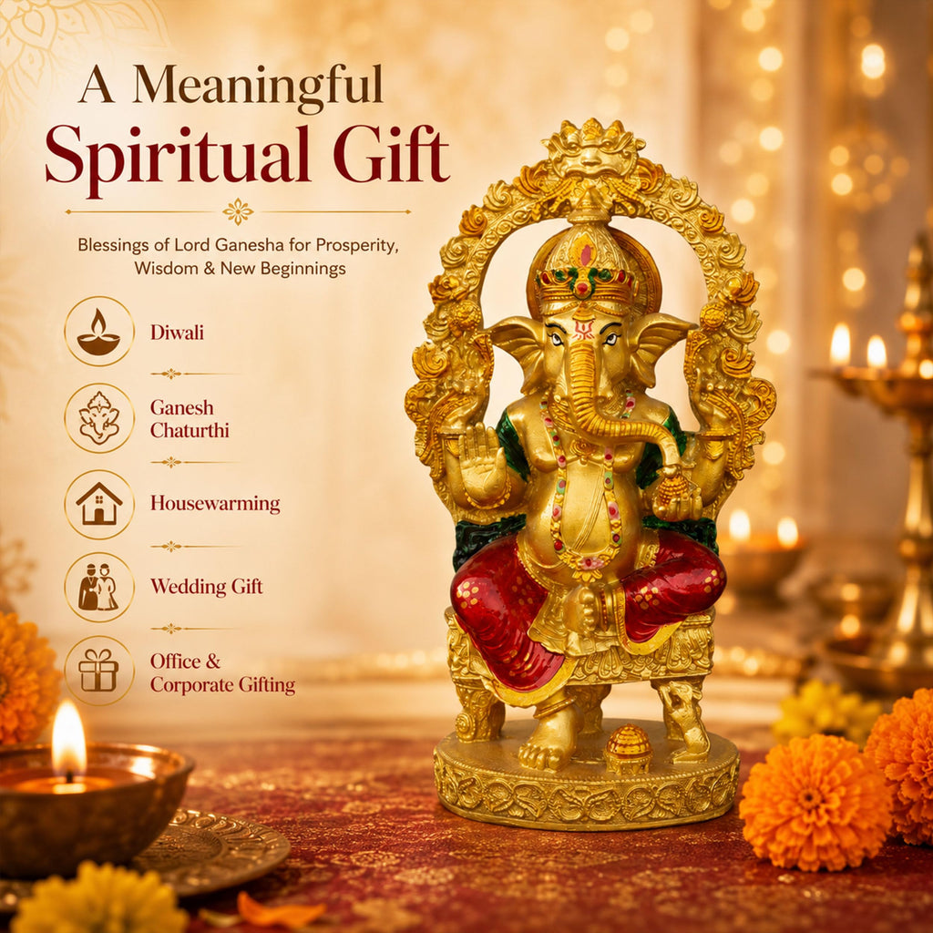 Gold Lord Ganesha Idol for Home Mandir Decor | 10 Inch Lacquer Coated Resin Ganpati Statue on Throne | Vinayaka Murti