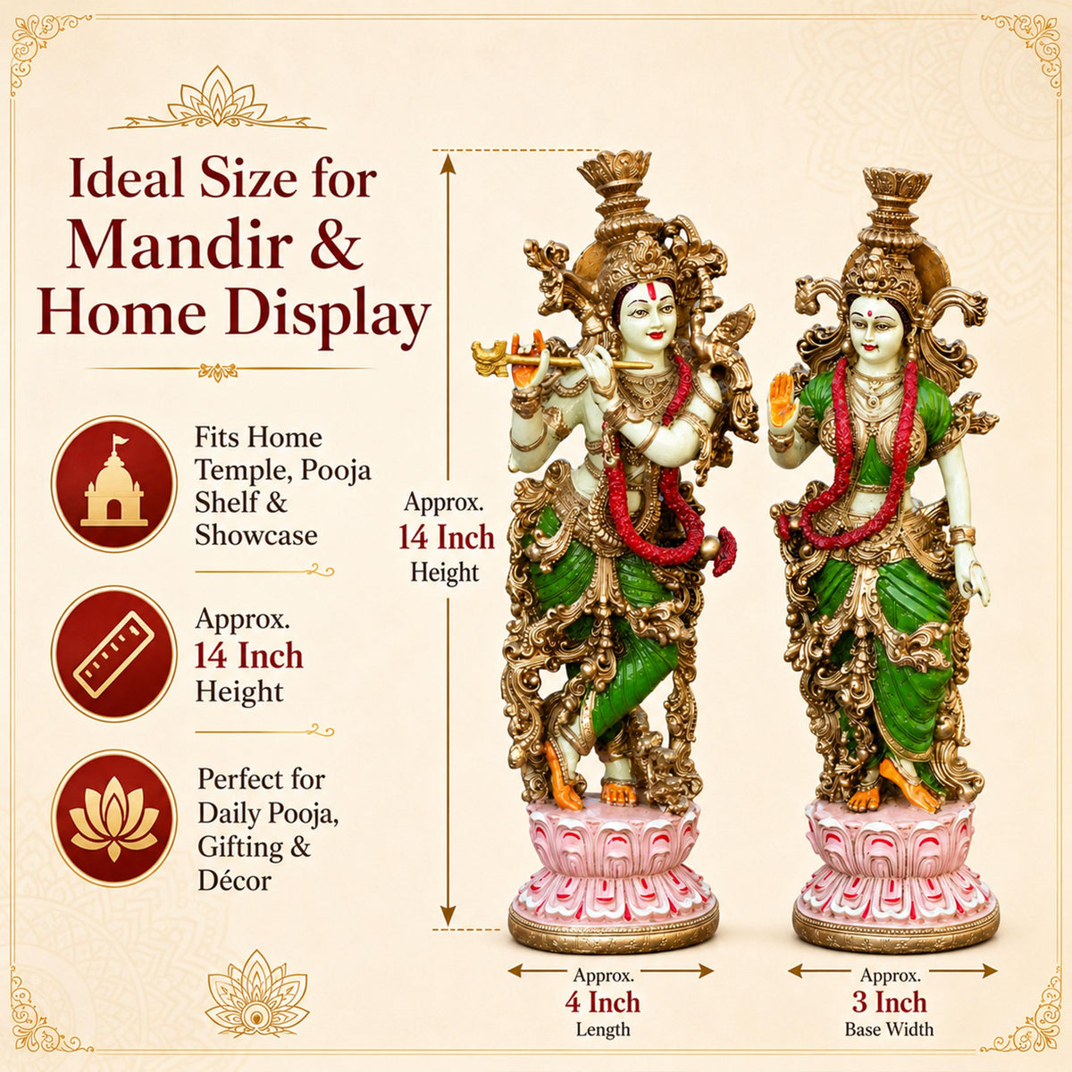 Radha Krishna Idol Pair for Home Mandir Pooja Room Decor | 14 Inch Hand Painted Lacquer Coated Statue Set | Premium