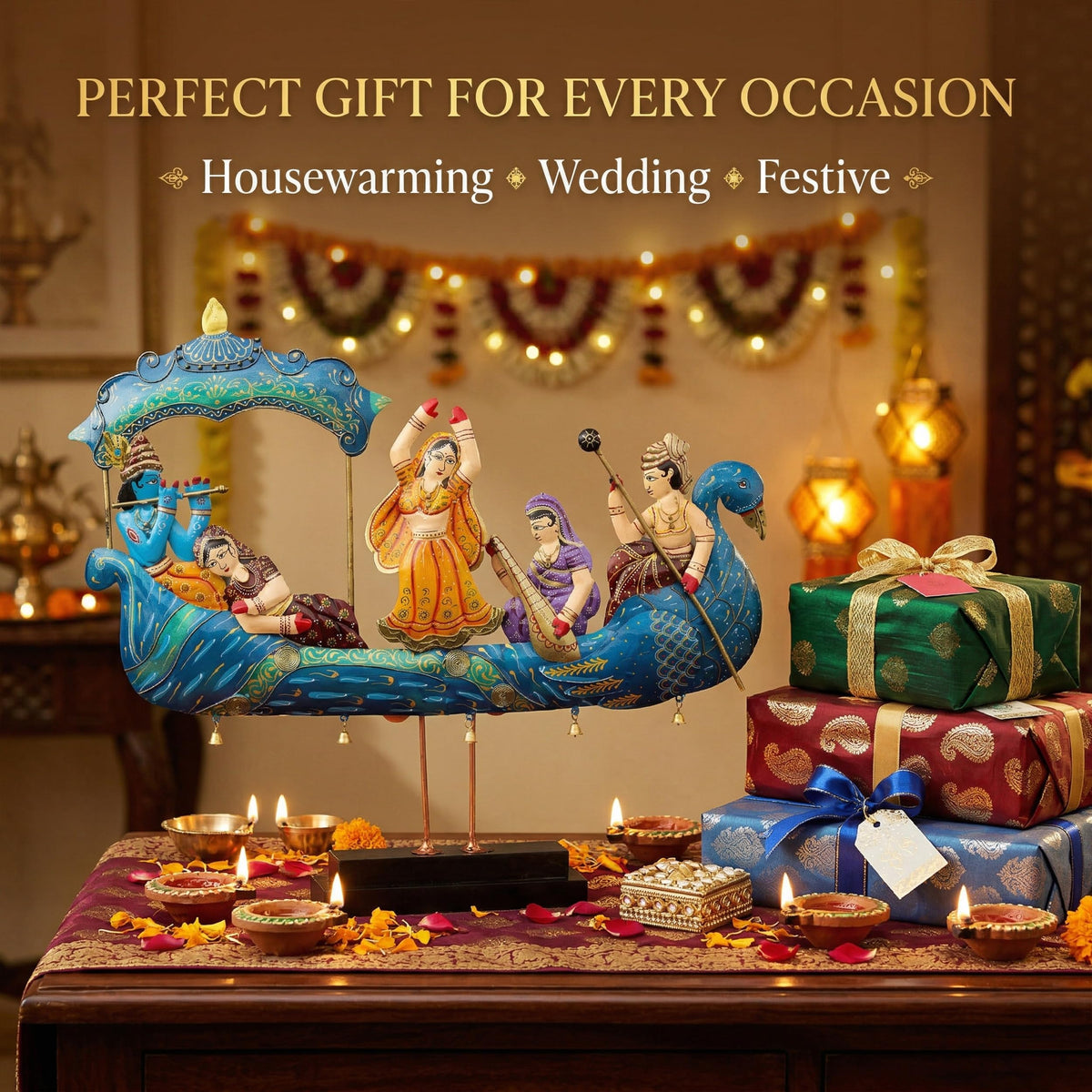 Radha Krishna Nauka Vihar Showpiece for Home Decor Wall Hanging & Tabletop | Metal Peacock Boat Raas Leela Statue with