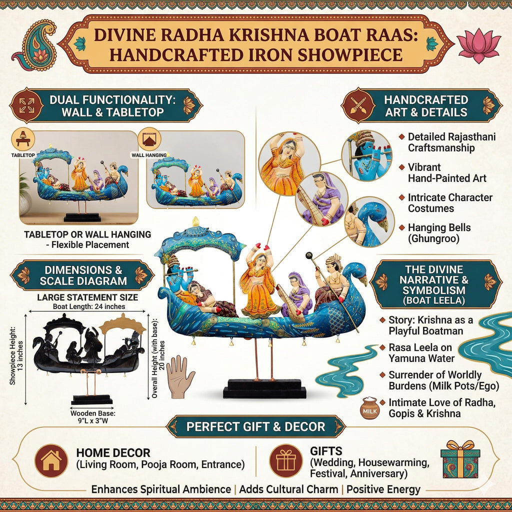 Radha Krishna Nauka Vihar Showpiece for Home Decor Wall Hanging & Tabletop | Metal Peacock Boat Raas Leela Statue with