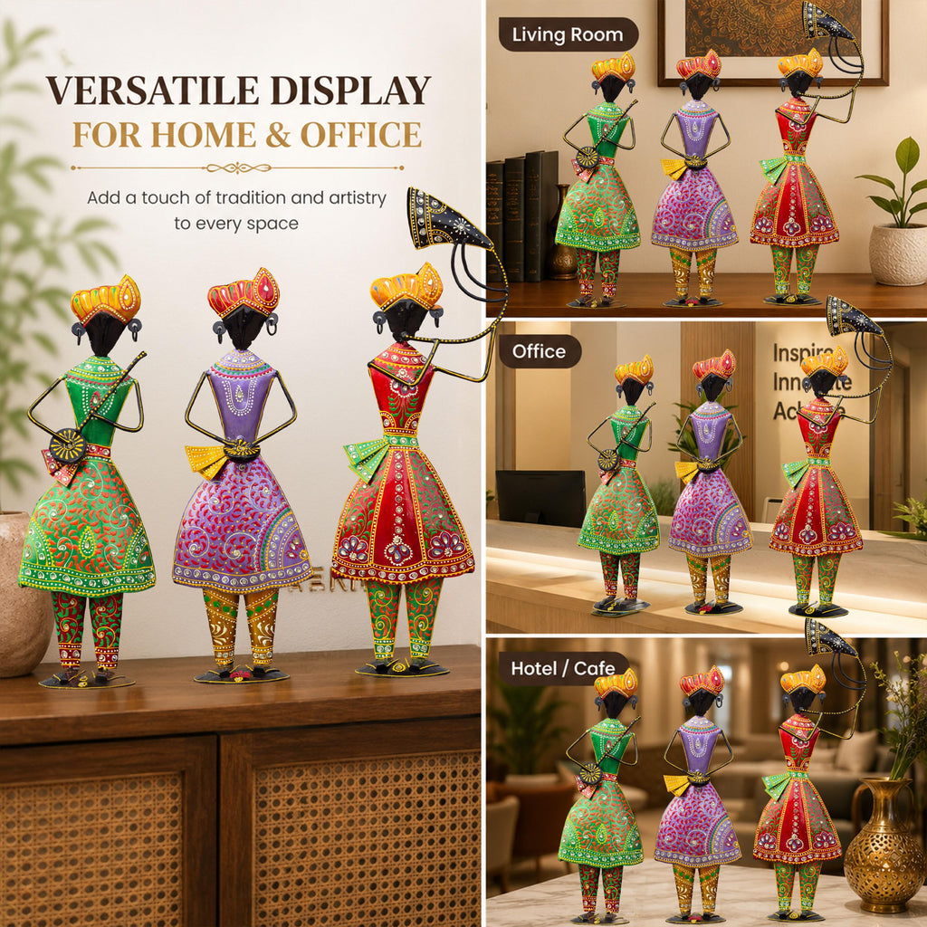Turahi Tutari Musician Showpiece Set of 3 for Home Decor | 21 Inch Iron Metal Maharashtra Folk Artist Statue Set |
