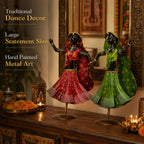 Nritya Dolls Showpiece Set of 2 for Home Decor | Large 20 Inch Wrought Iron Folk Dancer Figurines | Hand Painted Metal
