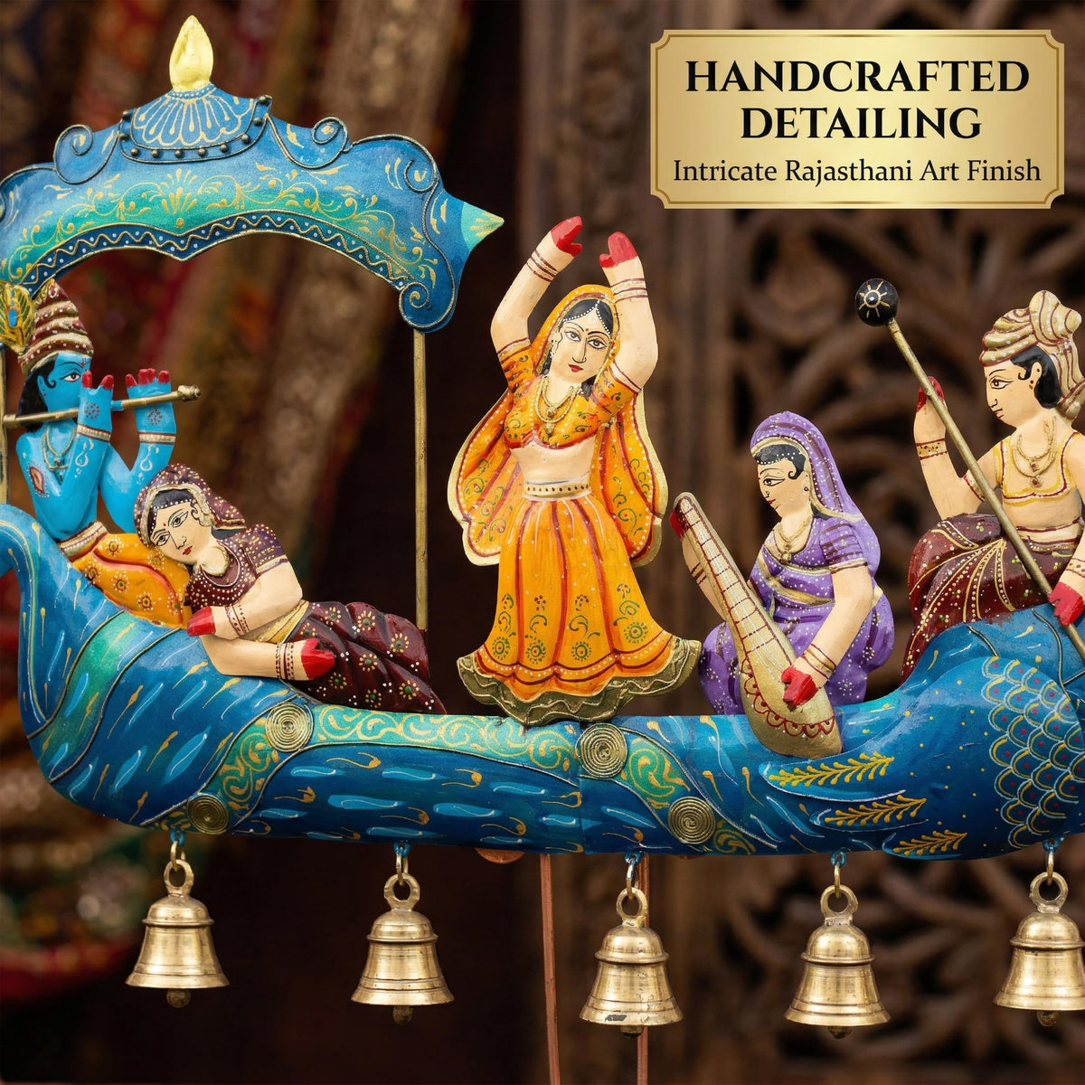 Radha Krishna Nauka Vihar Showpiece for Home Decor Wall Hanging & Tabletop | Metal Peacock Boat Raas Leela Statue with