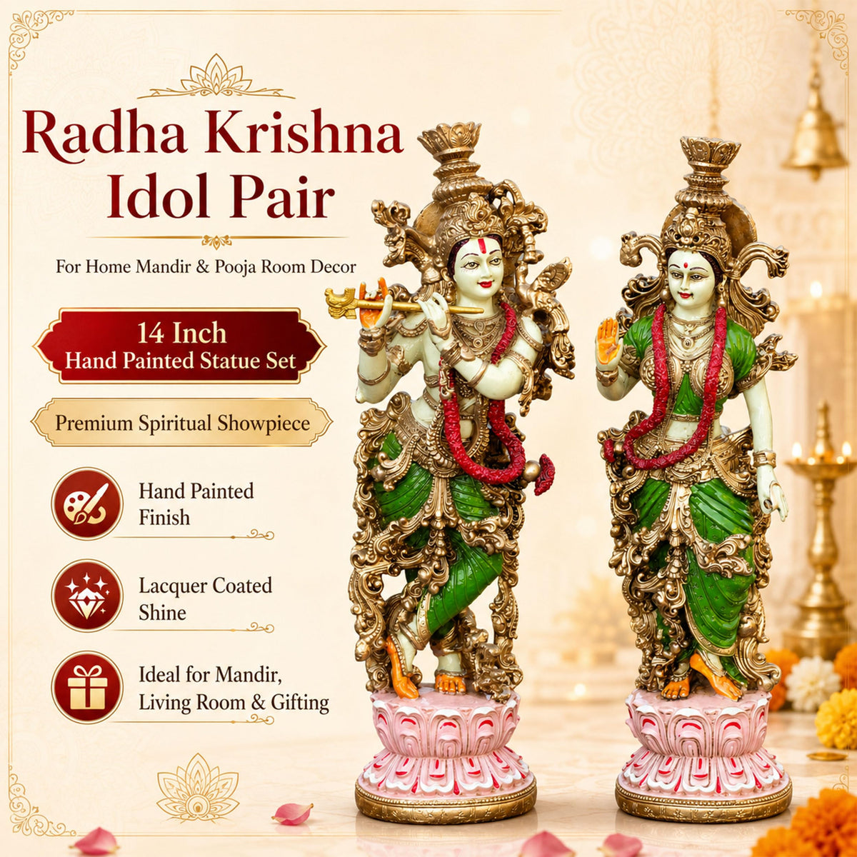 Radha Krishna Idol Pair for Home Mandir Pooja Room Decor | 14 Inch Hand Painted Lacquer Coated Statue Set | Premium