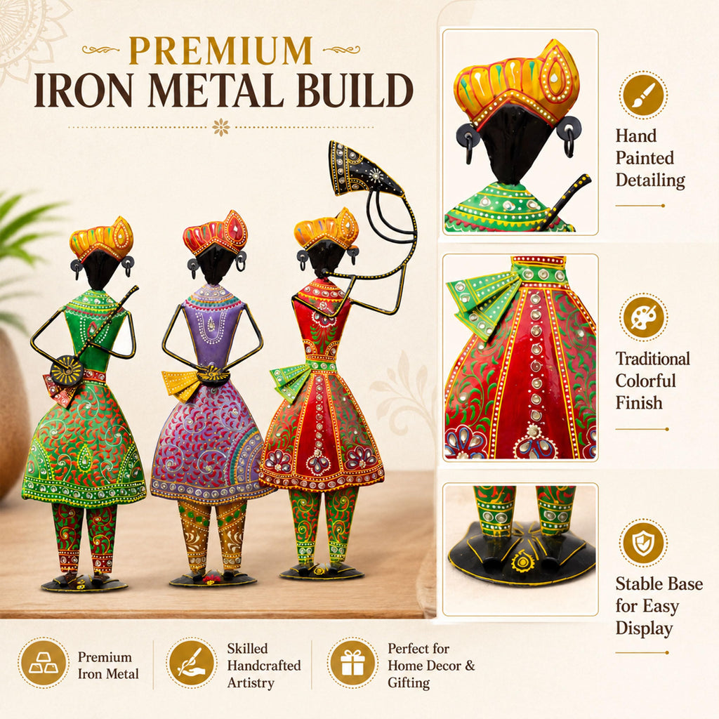 Turahi Tutari Musician Showpiece Set of 3 for Home Decor | 21 Inch Iron Metal Maharashtra Folk Artist Statue Set |