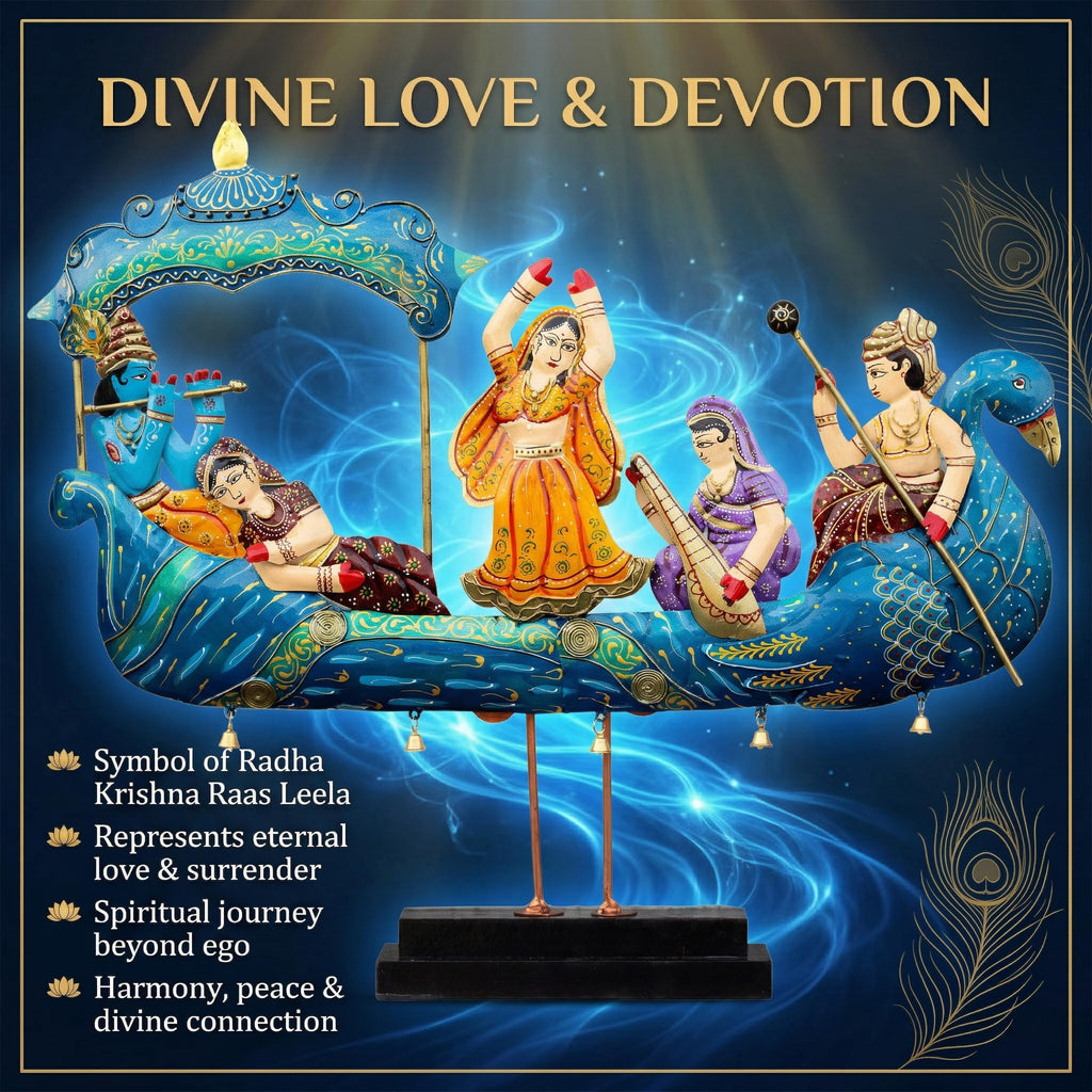 Radha Krishna Nauka Vihar Showpiece for Home Decor Wall Hanging & Tabletop | Metal Peacock Boat Raas Leela Statue with
