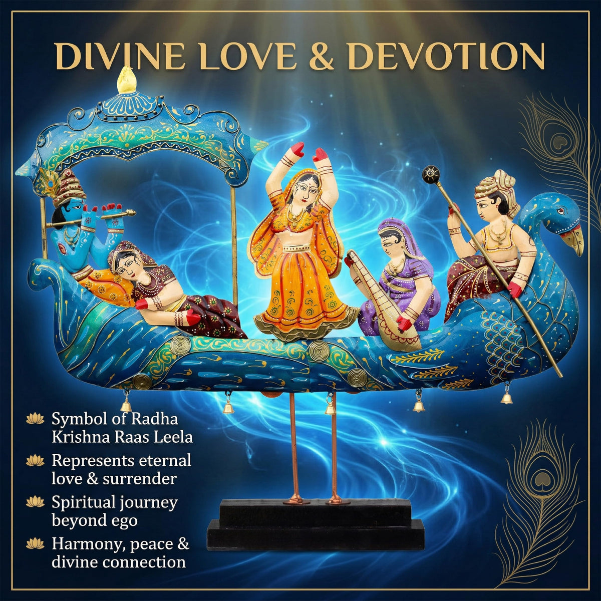 Radha Krishna Nauka Vihar Showpiece for Home Decor Wall Hanging & Tabletop | Metal Peacock Boat Raas Leela Statue with
