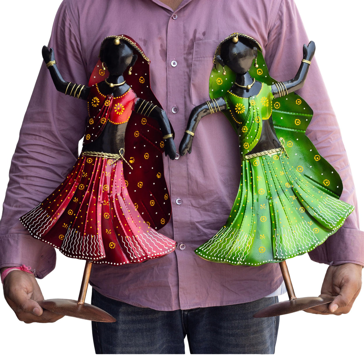 Nritya Dolls Showpiece Set of 2 for Home Decor | Large 20 Inch Wrought Iron Folk Dancer Figurines | Hand Painted Metal