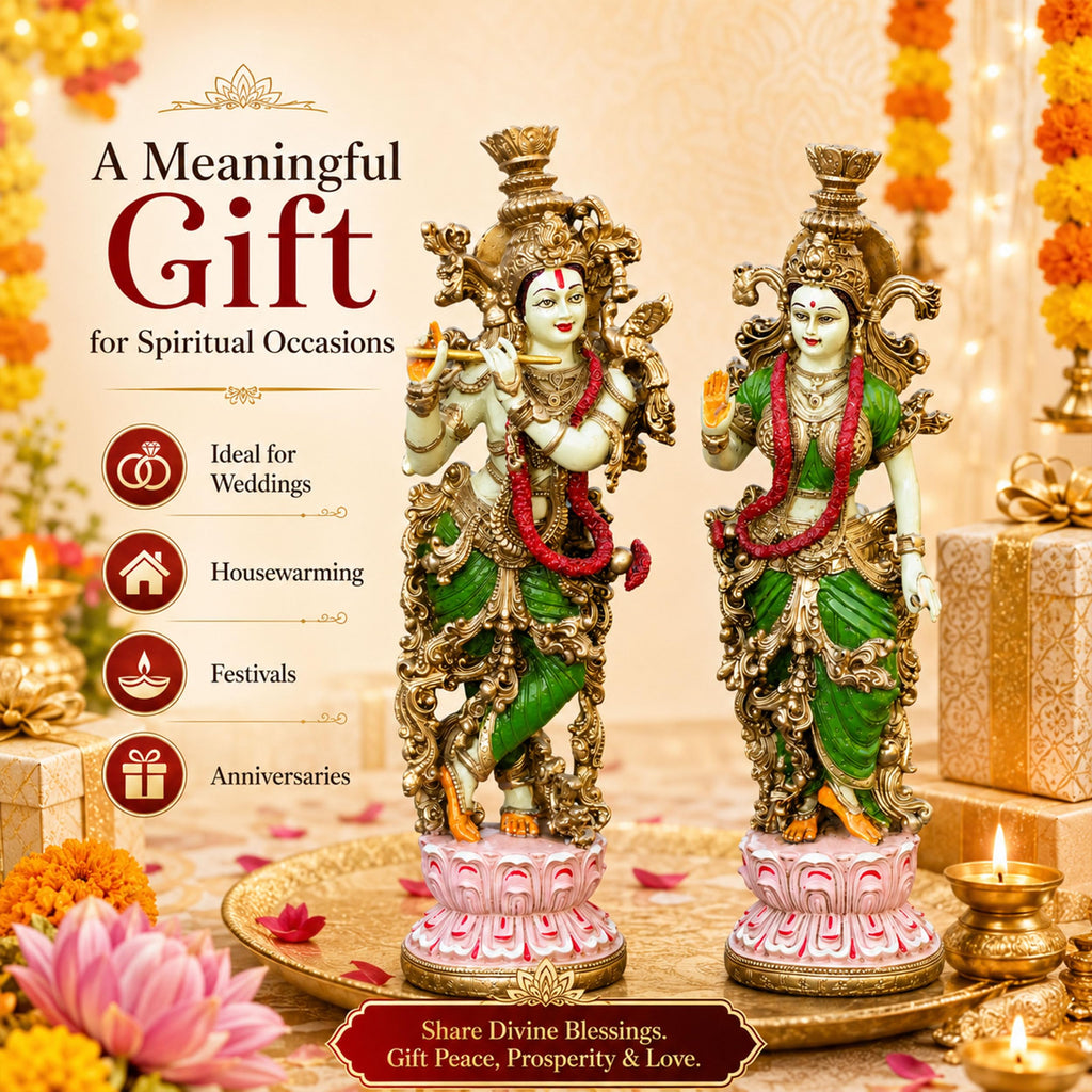 Radha Krishna Idol Pair for Home Mandir Pooja Room Decor | 14 Inch Hand Painted Lacquer Coated Statue Set | Premium
