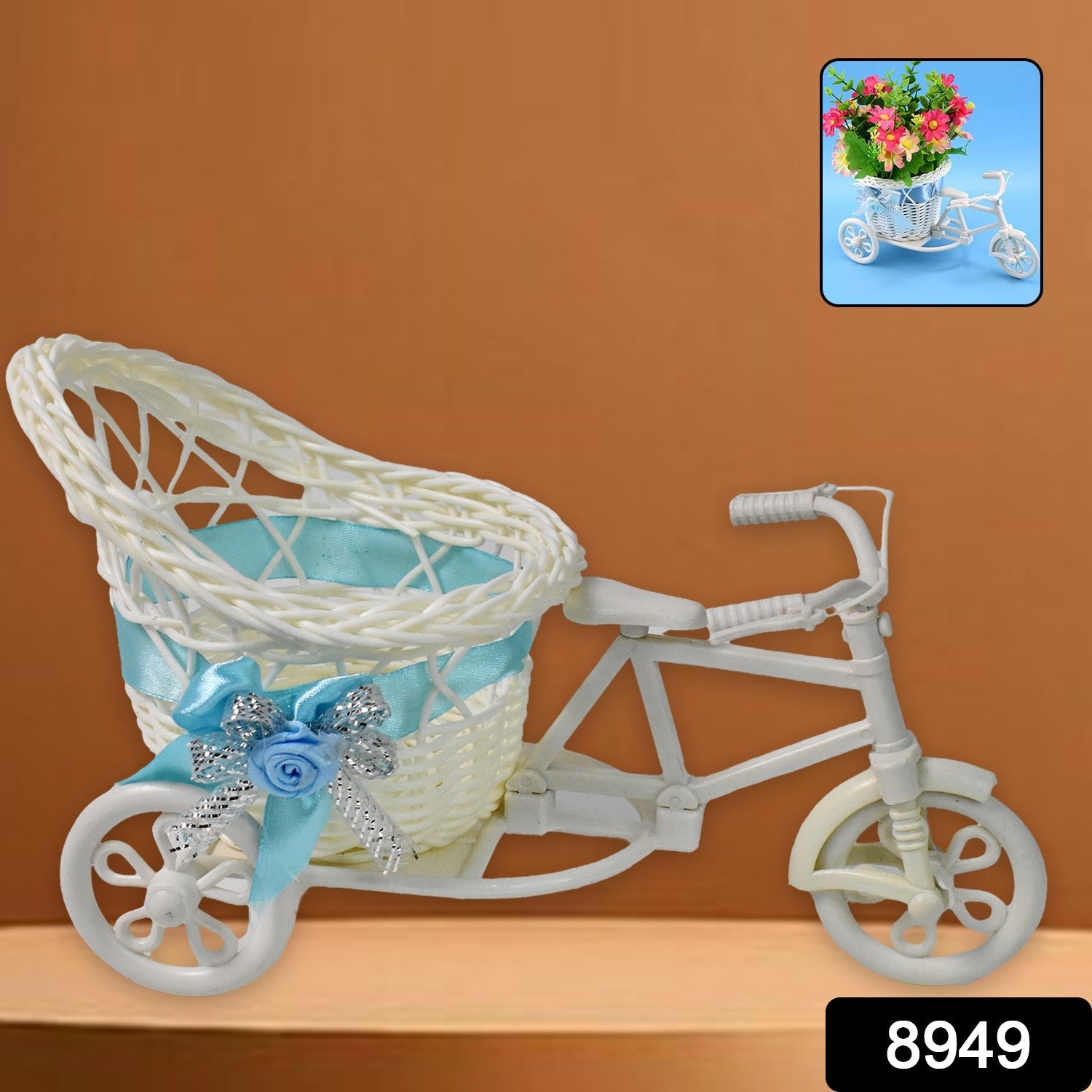 Bicycle flower pot stand holding vibrant flowers for home decor