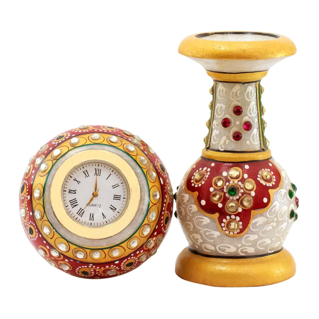 Table Clock Decorative Showpiece Rajasthani Fine Meenakari Work Marble Clock Home Decor for Study Table, Work Desk