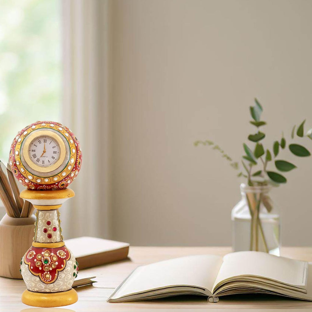 Table Clock Decorative Showpiece Rajasthani Fine Meenakari Work Marble Clock Home Decor for Study Table, Work Desk