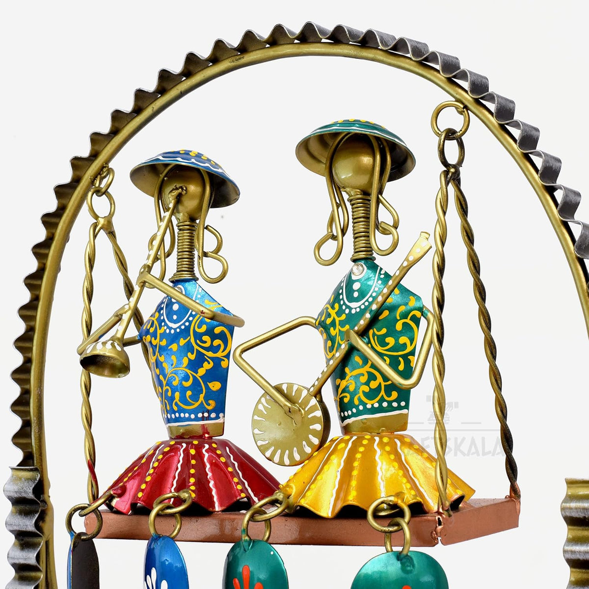 Rajasthani Home Decor Swing Set with 2 Dolls, 12 Inch Metal Handicraft Jhula Decorative Showpiece for Living Room