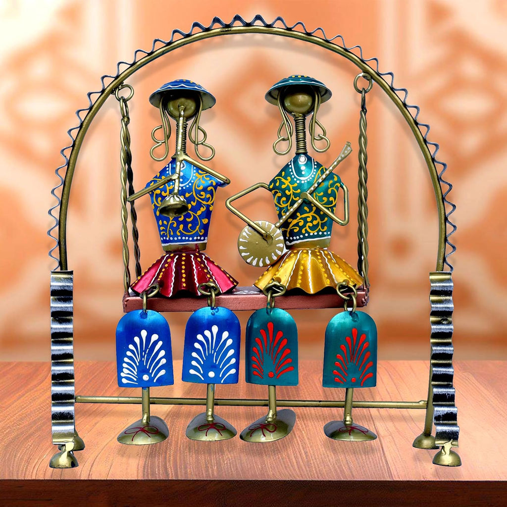 Rajasthani Home Decor Swing Set with 2 Dolls, 12 Inch Metal Handicraft Jhula Decorative Showpiece for Living Room
