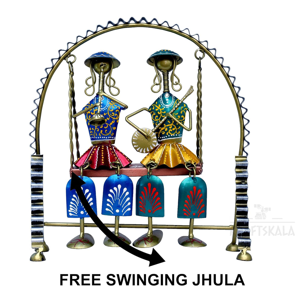 Rajasthani Home Decor Swing Set with 2 Dolls, 12 Inch Metal Handicraft Jhula Decorative Showpiece for Living Room
