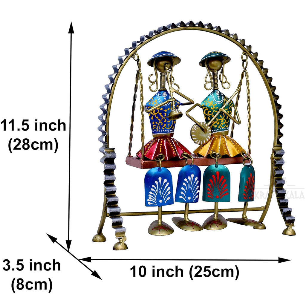 Rajasthani Home Decor Swing Set with 2 Dolls, 12 Inch Metal Handicraft Jhula Decorative Showpiece for Living Room