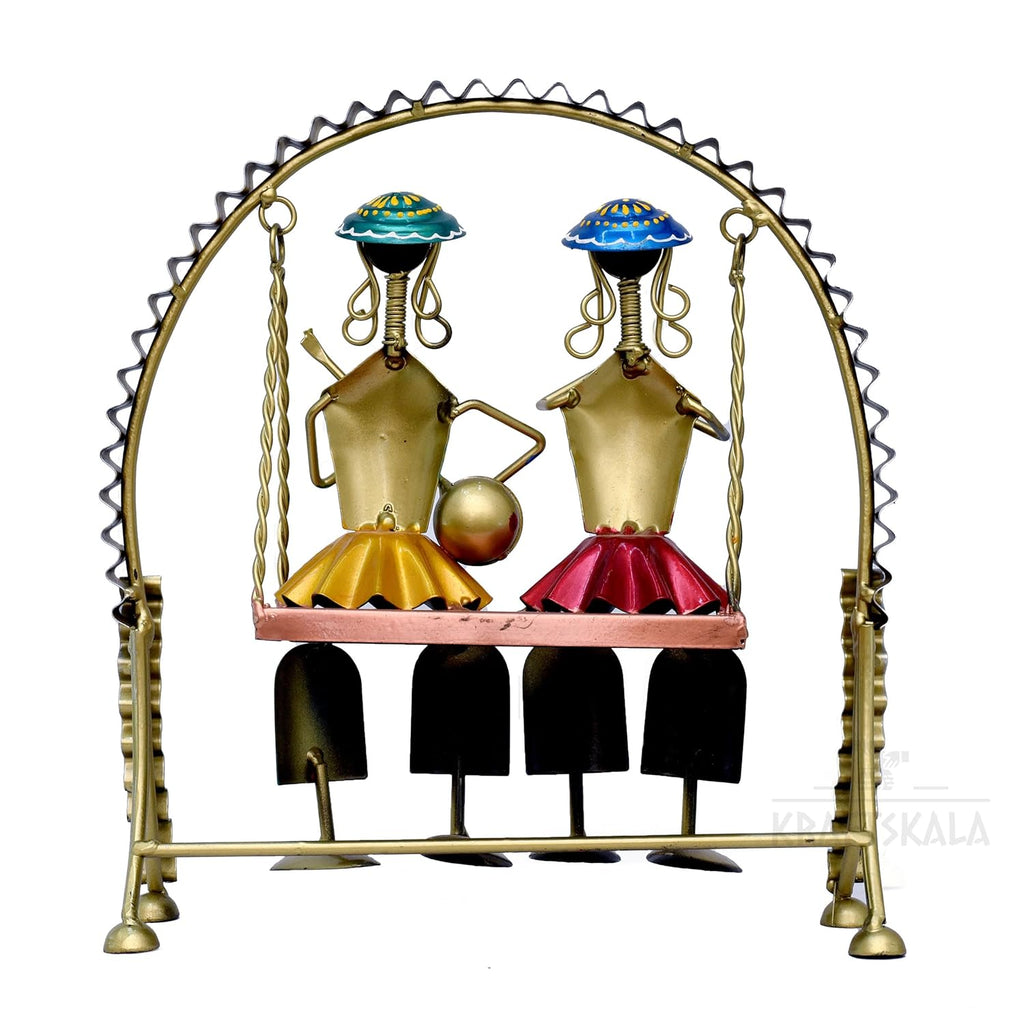 Rajasthani Home Decor Swing Set with 2 Dolls, 12 Inch Metal Handicraft Jhula Decorative Showpiece for Living Room