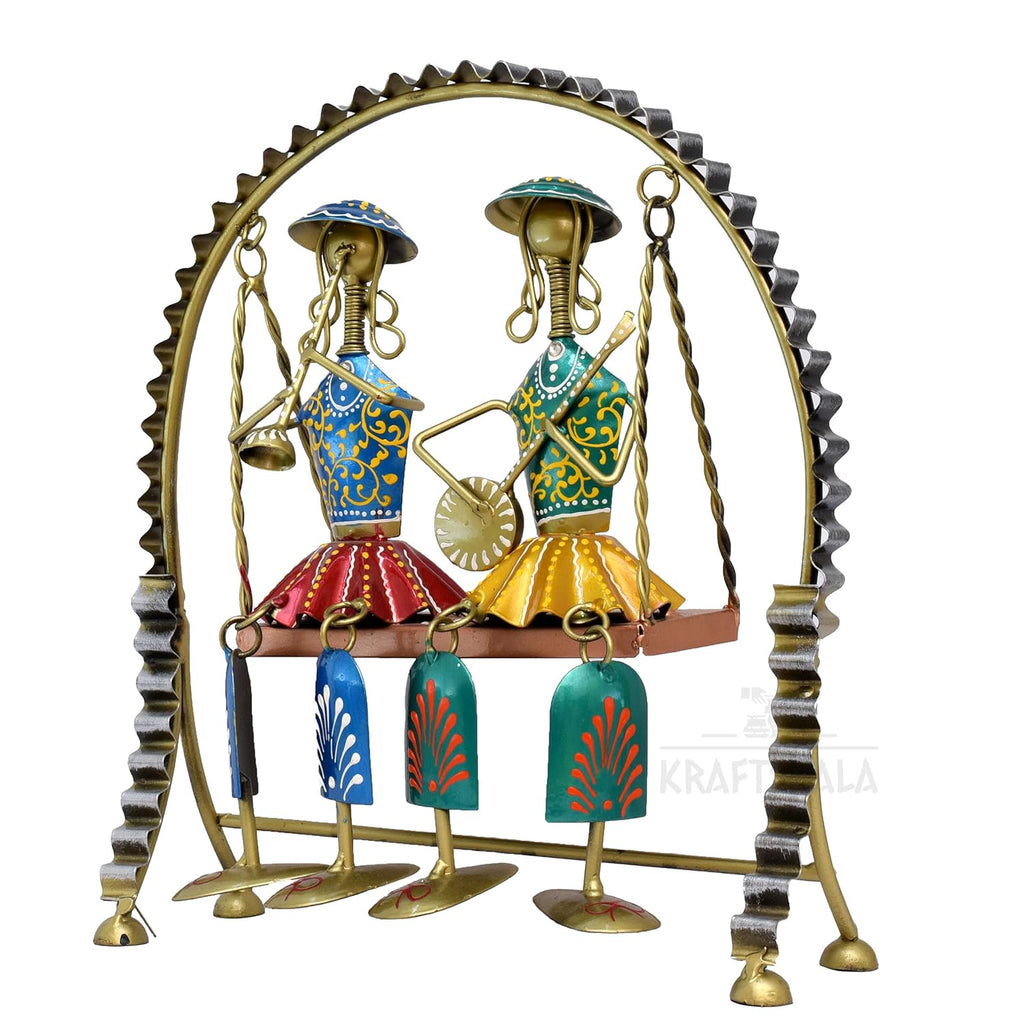 Rajasthani Home Decor Swing Set with 2 Dolls, 12 Inch Metal Handicraft Jhula Decorative Showpiece for Living Room