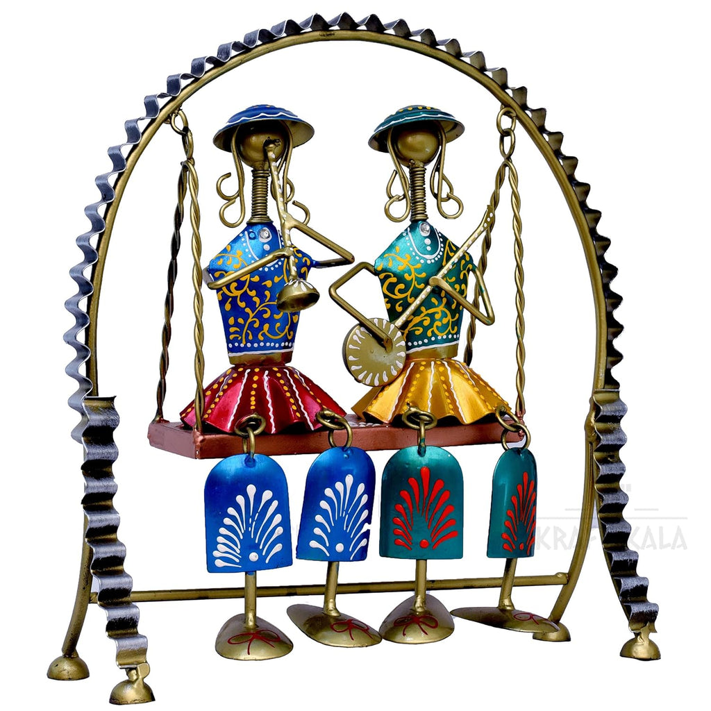 Rajasthani Home Decor Swing Set with 2 Dolls, 12 Inch Metal Handicraft Jhula Decorative Showpiece for Living Room
