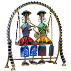 Rajasthani Home Decor Swing Set with 2 Dolls, 12 Inch Metal Handicraft Jhula Decorative Showpiece for Living Room