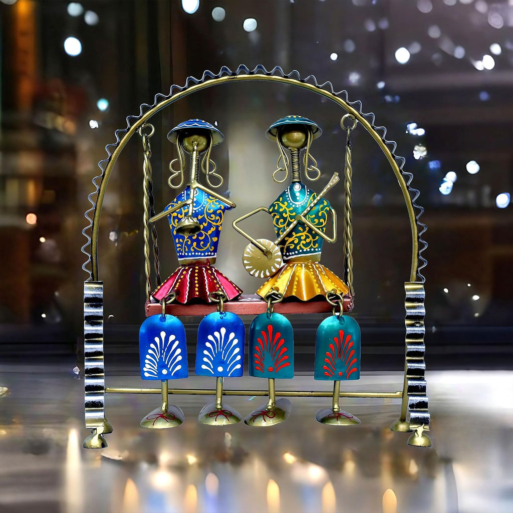 Rajasthani Home Decor Swing Set with 2 Dolls, 12 Inch Metal Handicraft Jhula Decorative Showpiece for Living Room, Center Table, Multicolour