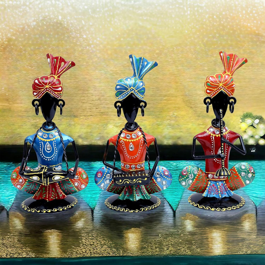 Rajasthani Musicians Showpiece Set of 3 Tribal Musicians Iron Statue Table Decoration Item for Living Room, Home, Office, Gifts