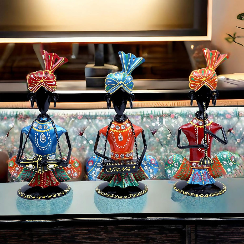 Rajasthani Musicians Showpiece Set of 3 Tribal Musicians Iron Statue Table Decoration Item for Living Room, Home