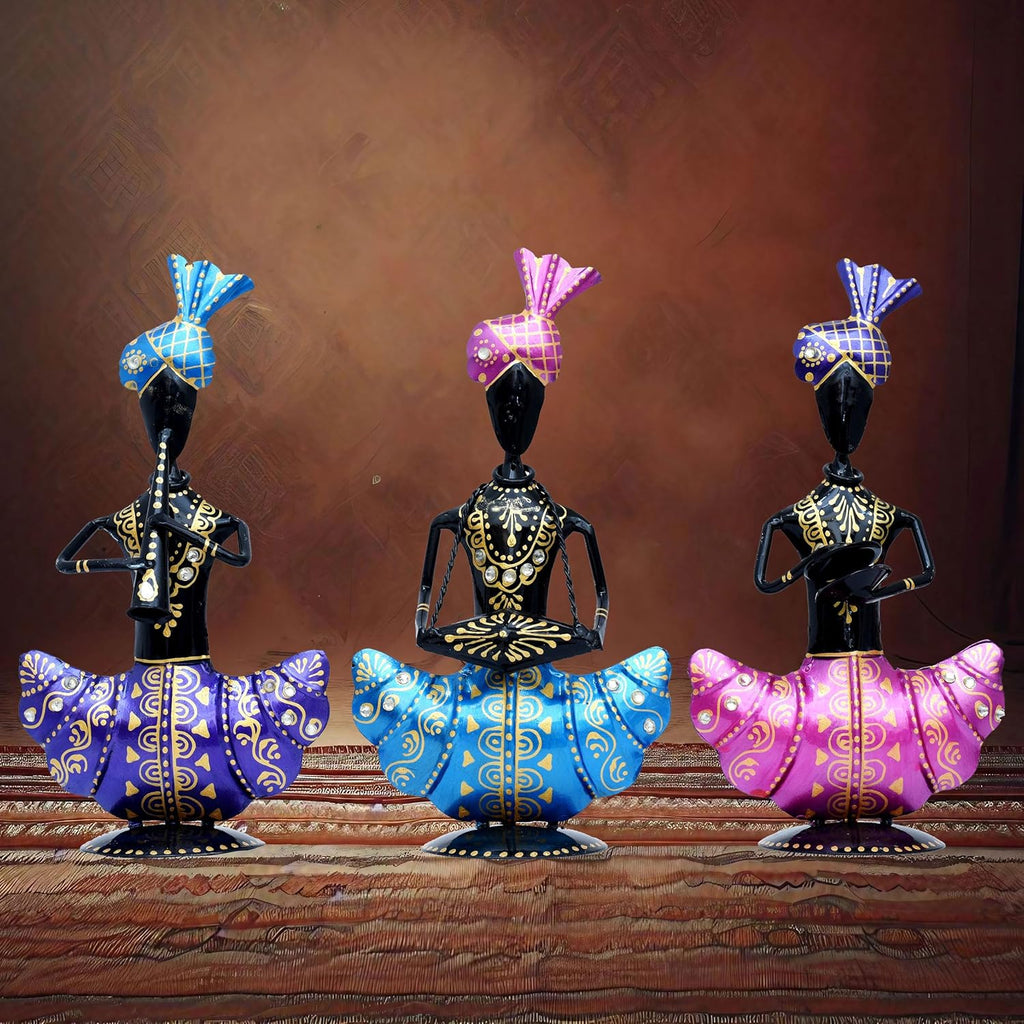 Metal Figurines Handcrafted Pagdi Musicians Set of 3 Vibrantly Coloured Wrought Iron Statues for Home, Living Room