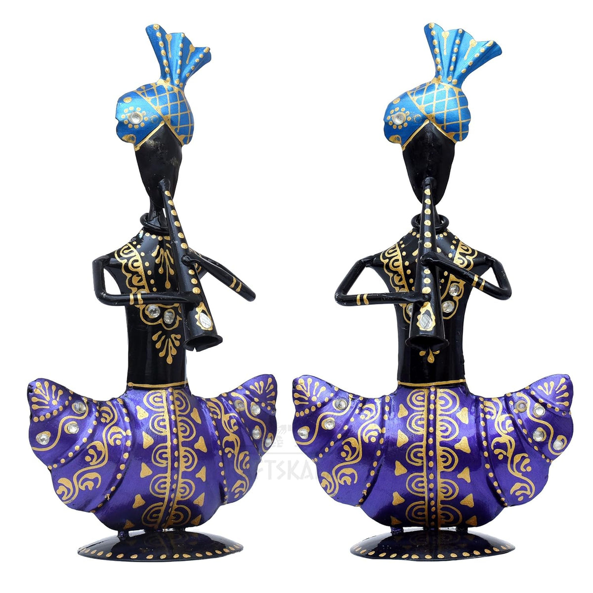 Metal Figurines Handcrafted Pagdi Musicians Set of 3 Vibrantly Coloured Wrought Iron Statues for Home, Living Room