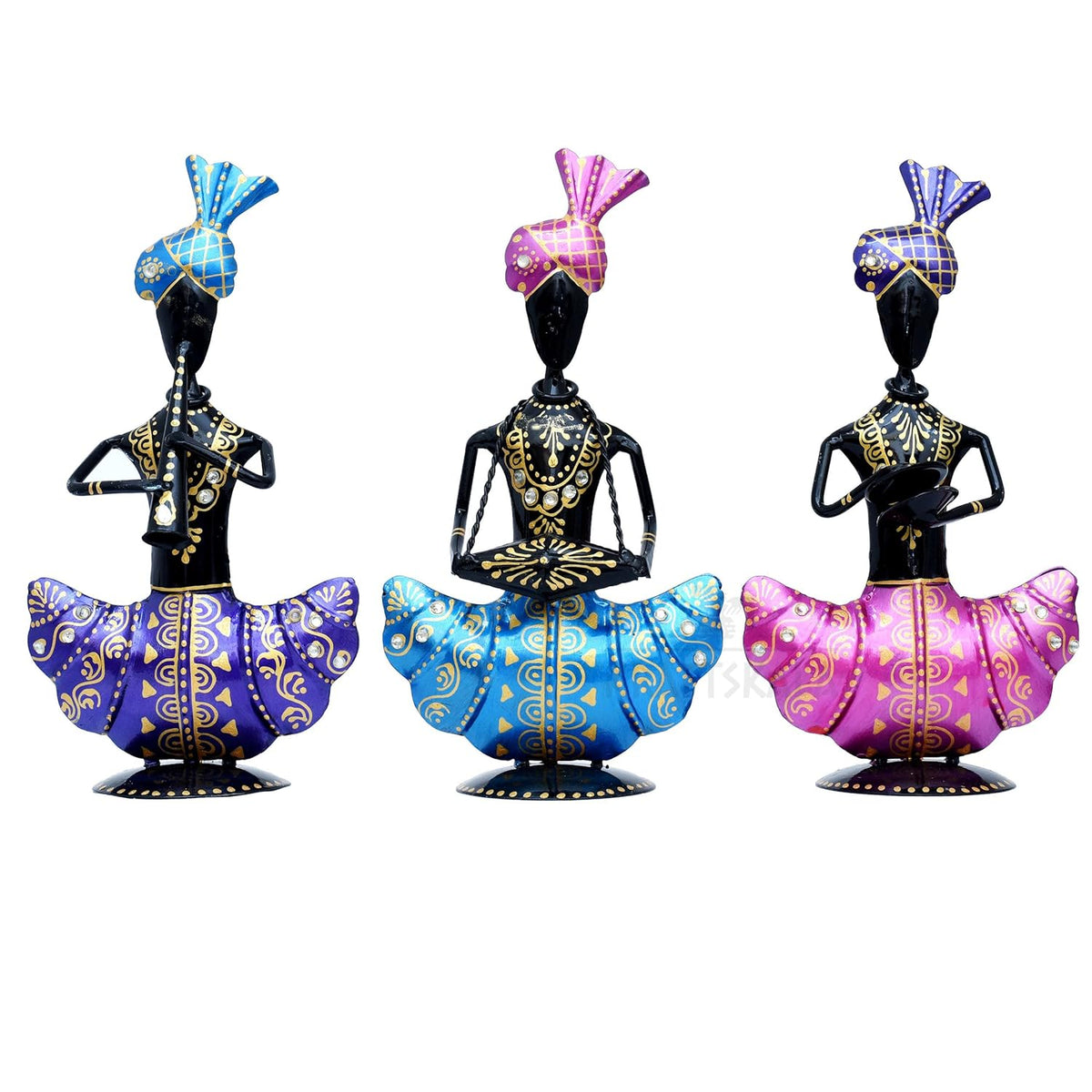 Metal Figurines Handcrafted Pagdi Musicians Set of 3 Vibrantly Coloured Wrought Iron Statues for Home, Living Room