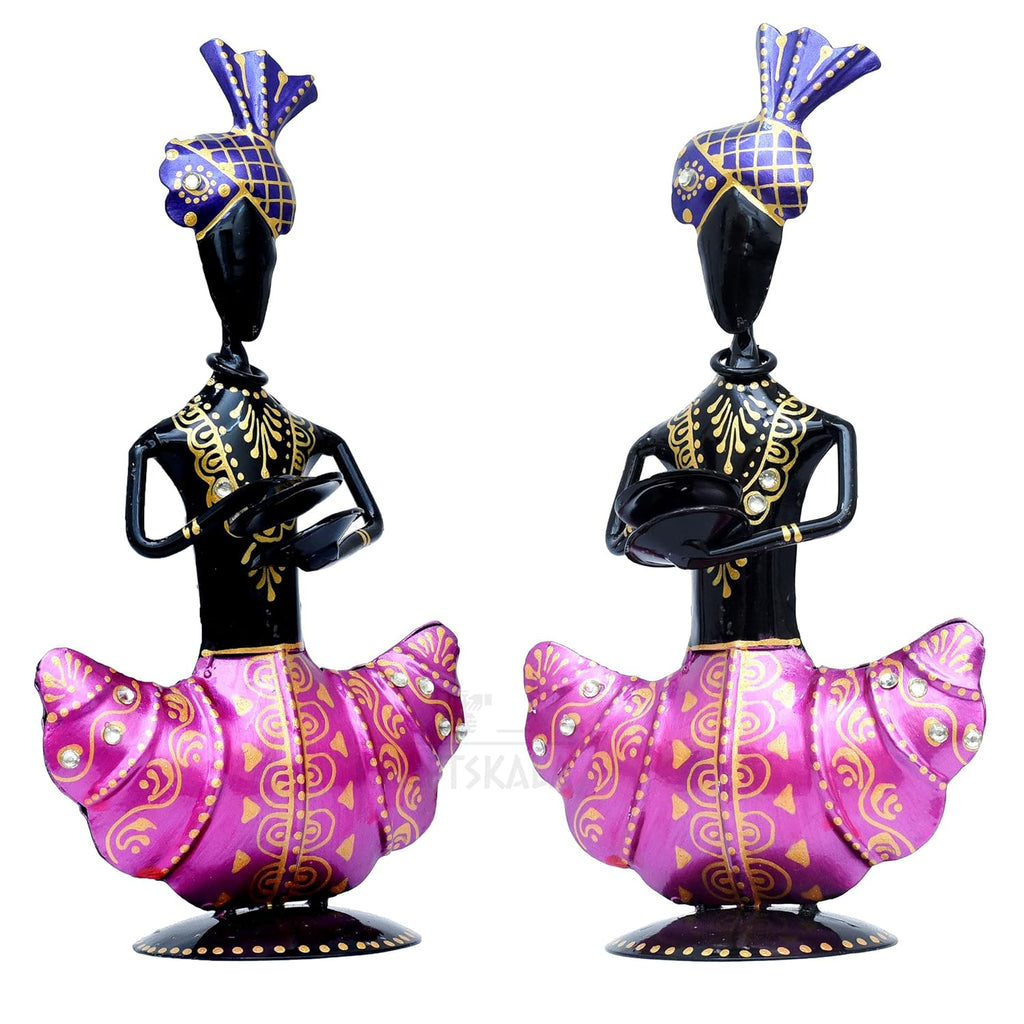 Metal Figurines Handcrafted Pagdi Musicians Set of 3 Vibrantly Coloured Wrought Iron Statues for Home, Living Room