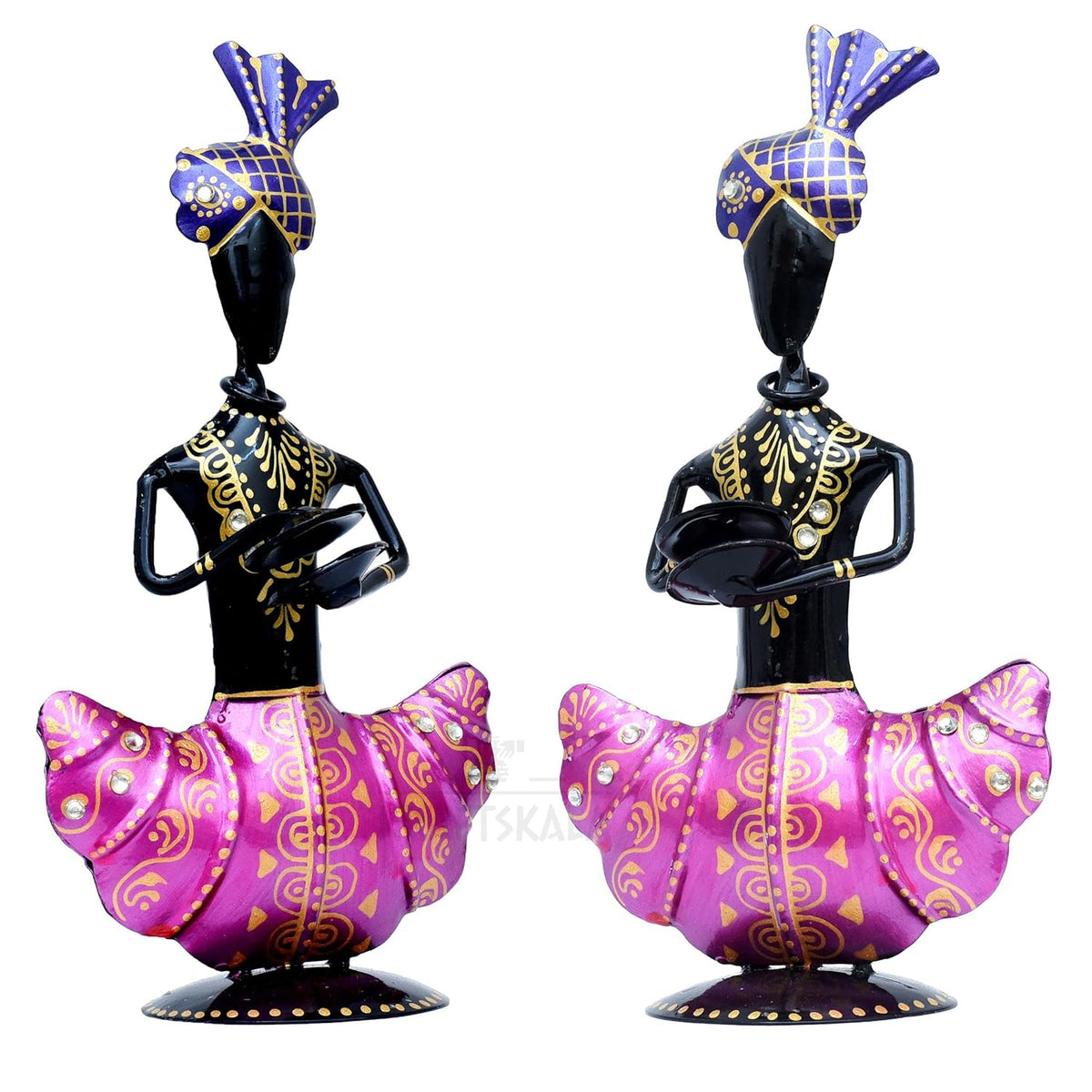 Metal Figurines Handcrafted Pagdi Musicians Set of 3 Vibrantly Coloured Wrought Iron Statues for Home, Living Room