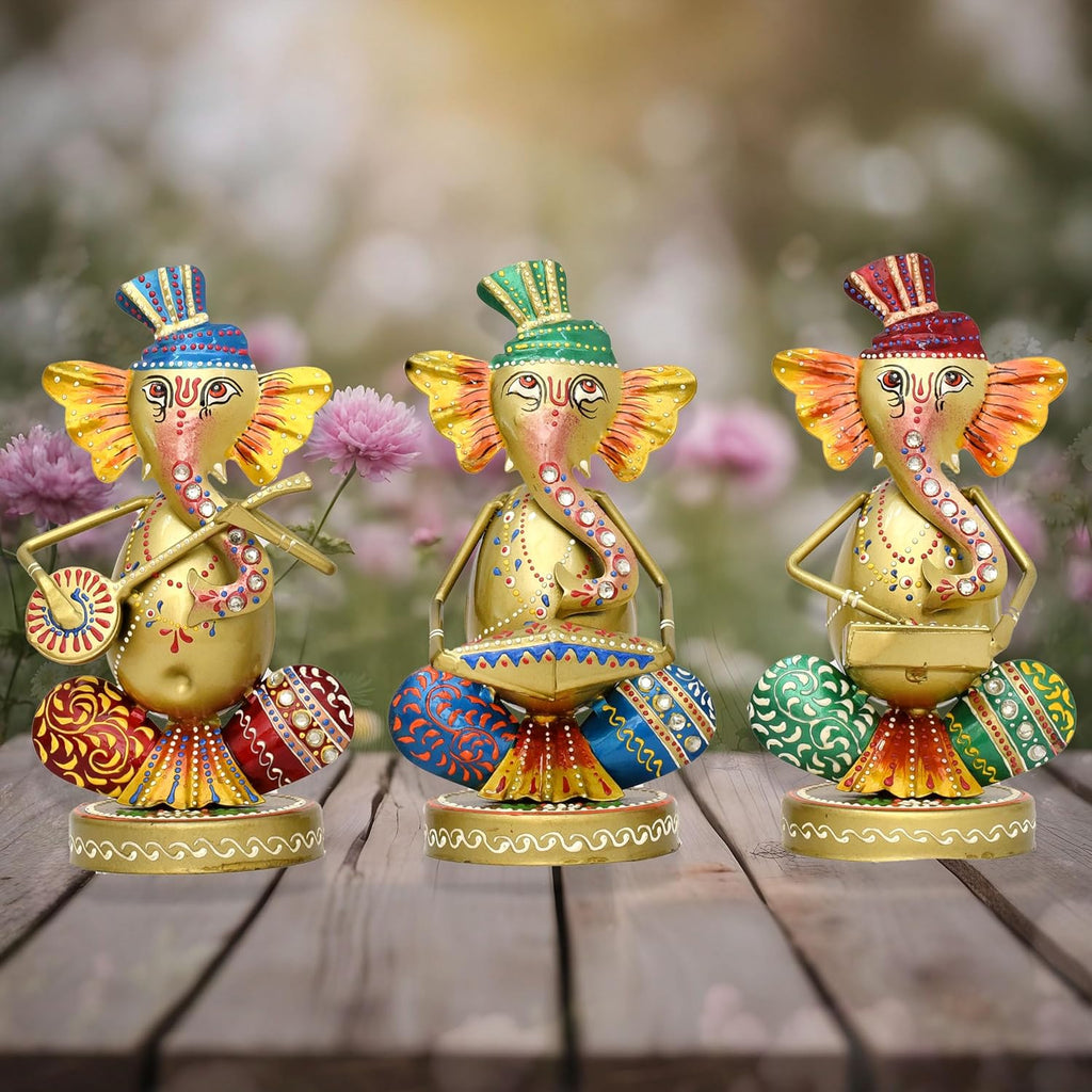 Musical Ganesha Statues Set of 3 Hand Painted Wrought Iron Figurines for Home Decor, Living Room Decoration, Office, Shops and Gifts, Multicolour