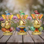 Musical Ganesha Statues Set of 3 Hand Painted Wrought Iron Figurines for Home Decor, Living Room Decoration, Office, Shops and Gifts, Multicolour