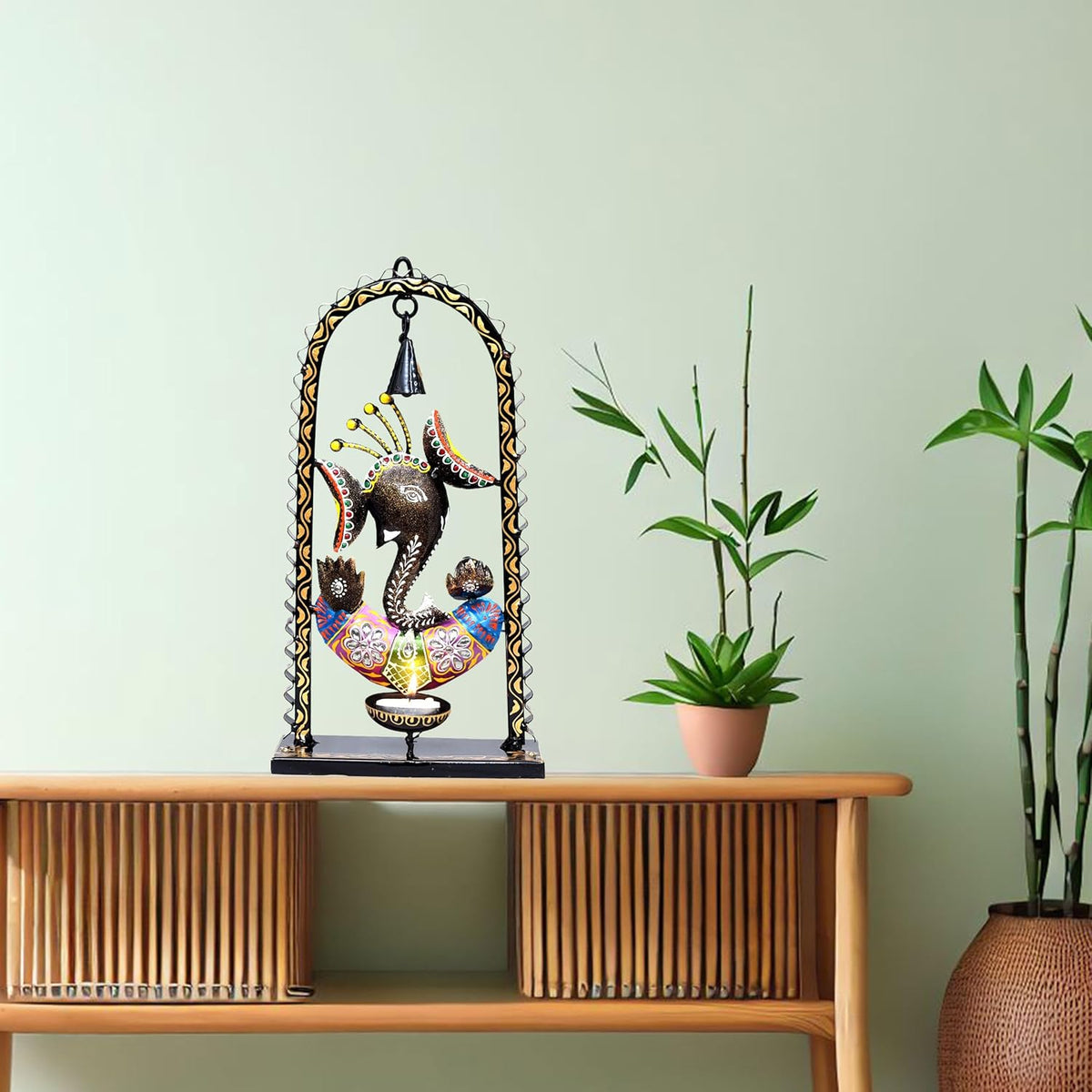 Ganesh Tealight Candle Diya Holder Tabletop Wall Hanging Home Decor with Spiritual Bell