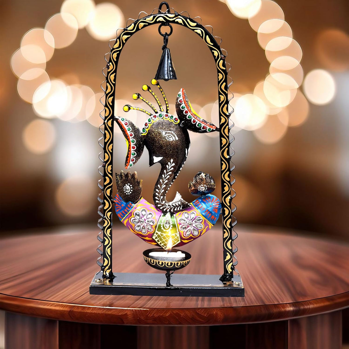 Ganesh Tealight Candle Diya Holder Tabletop Wall Hanging Home Decor with Spiritual Bell