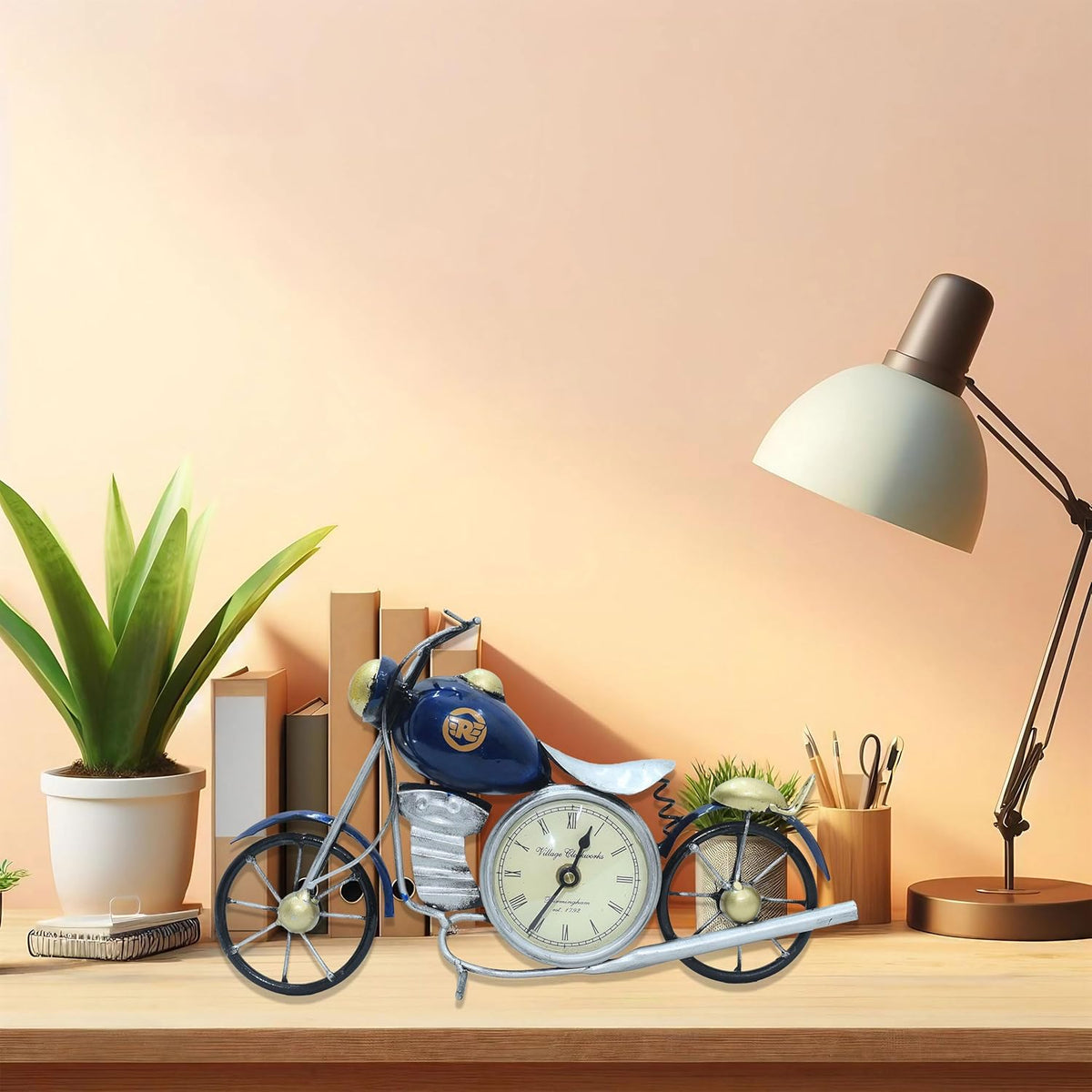 Vintage Royal Bullet Motor Bike with Antique Clock | Rustic Iron Metal Decor Showpiece for Study Table, Desk, Office