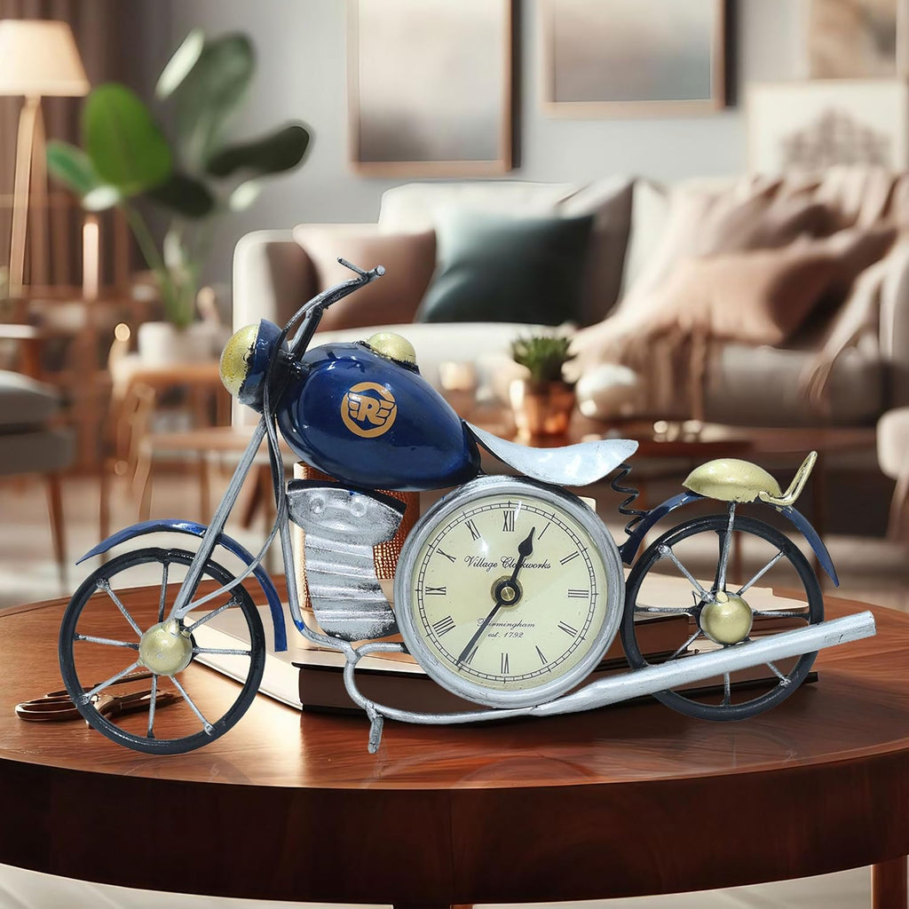 Vintage Royal Bullet Motor Bike with Antique Clock | Rustic Iron Metal Decor Showpiece for Study Table, Desk, Office, Gifts (Blue)