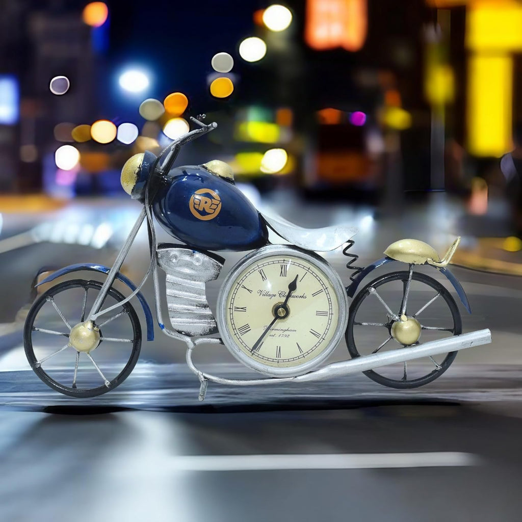 Vintage Royal Bullet Motor Bike with Antique Clock | Rustic Iron Metal Decor Showpiece for Study Table, Desk, Office